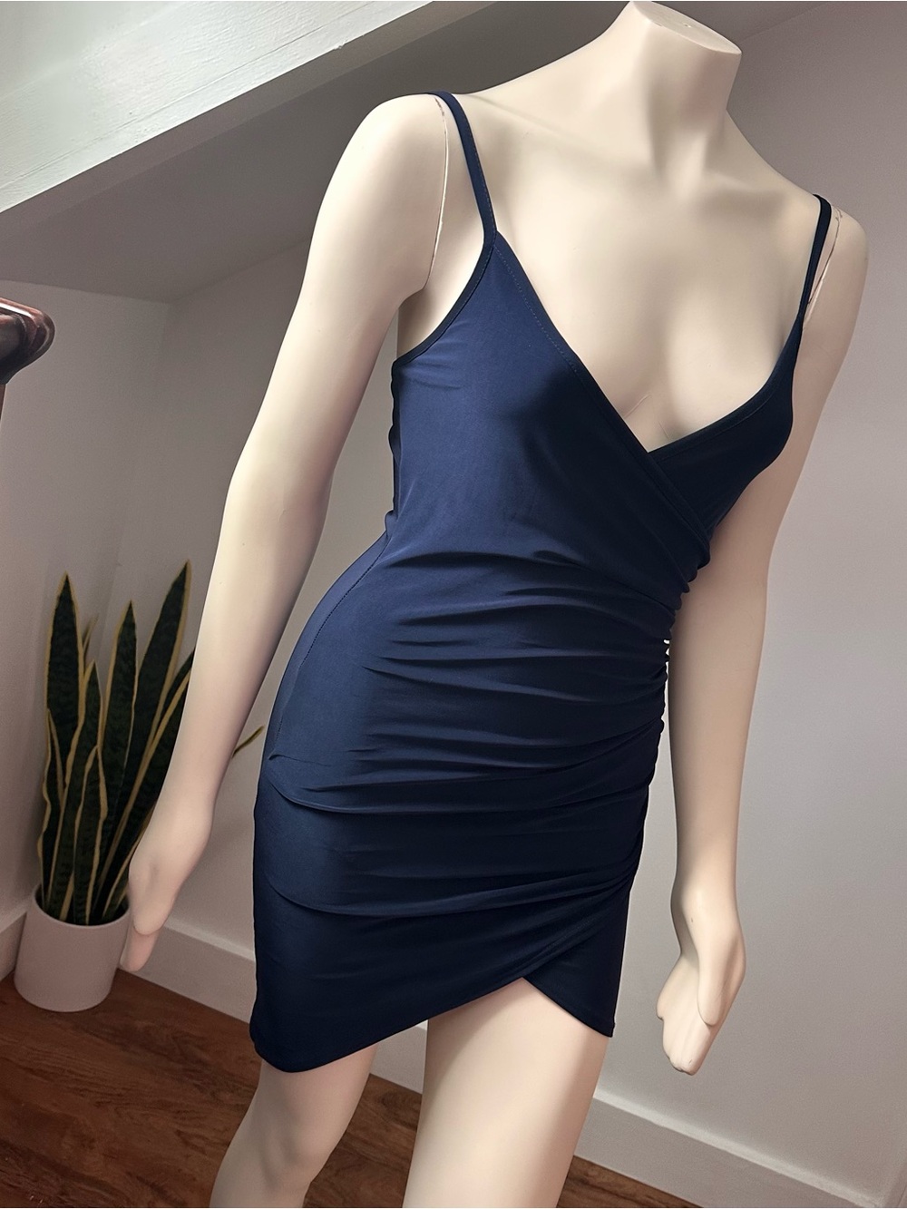 PrettyLittleThing // Slim Fit Navy Wrap-Front Spaghetti Strap Dress